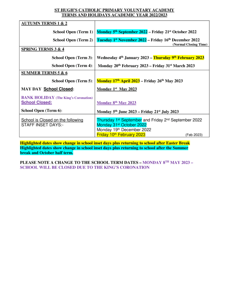 Term and School Diary Dates St Hugh's Catholic Voluntary Academy