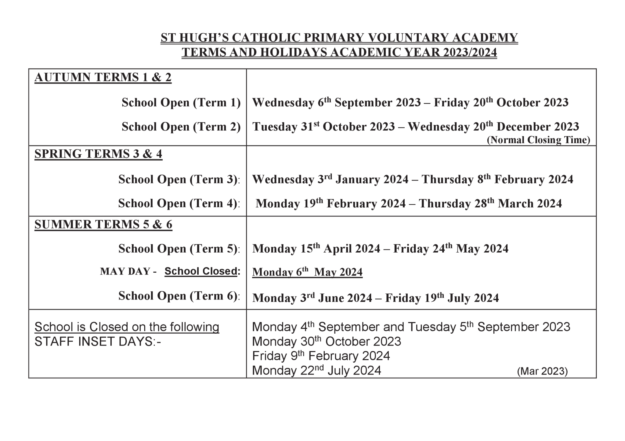Term and School Diary Dates St Hugh's Catholic Voluntary Academy