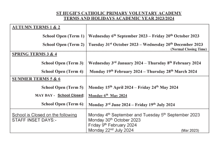 Term and School Diary Dates St Hugh's Catholic Voluntary Academy