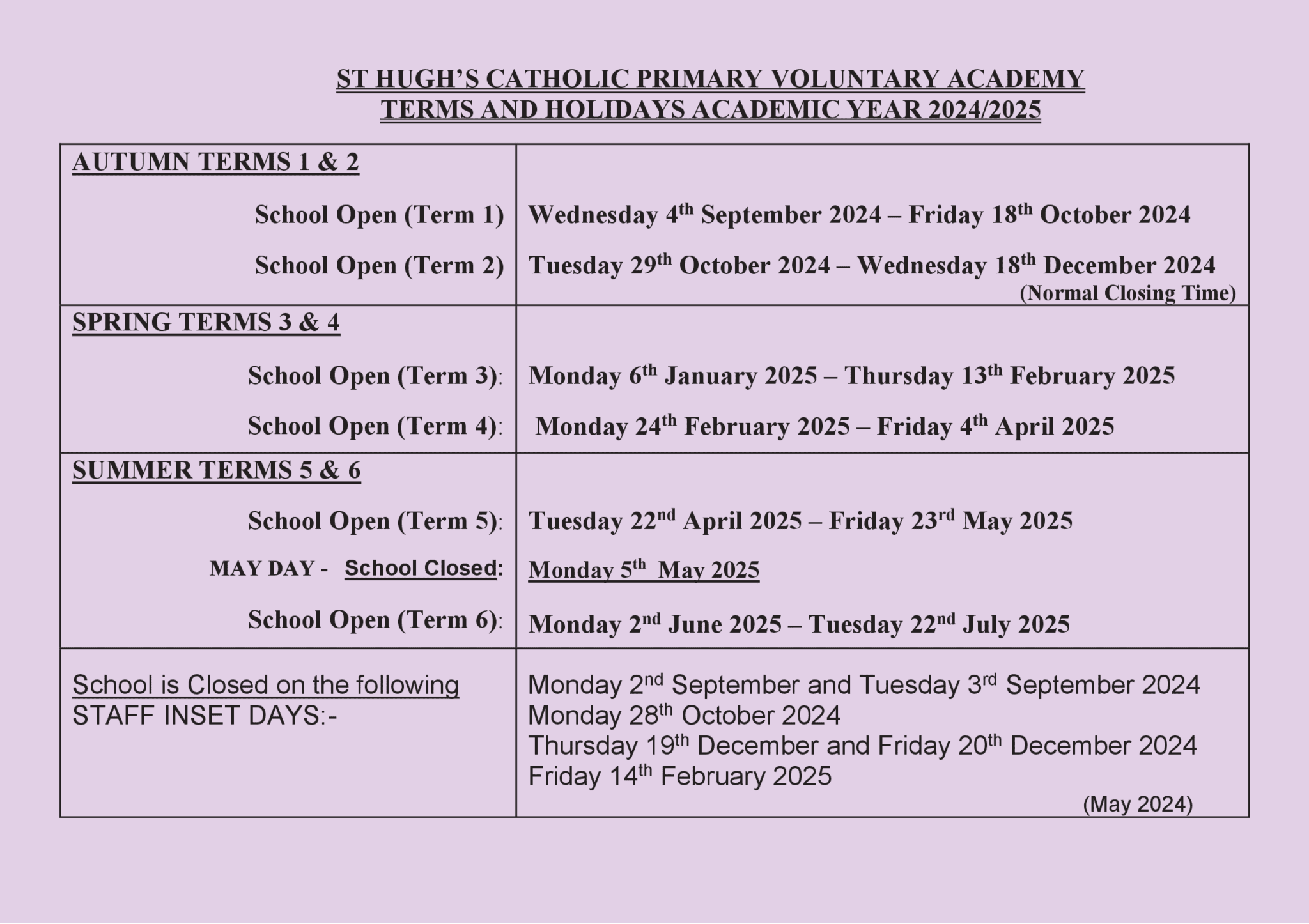 Term and School Diary Dates - St Hugh's Catholic Voluntary Academy ...