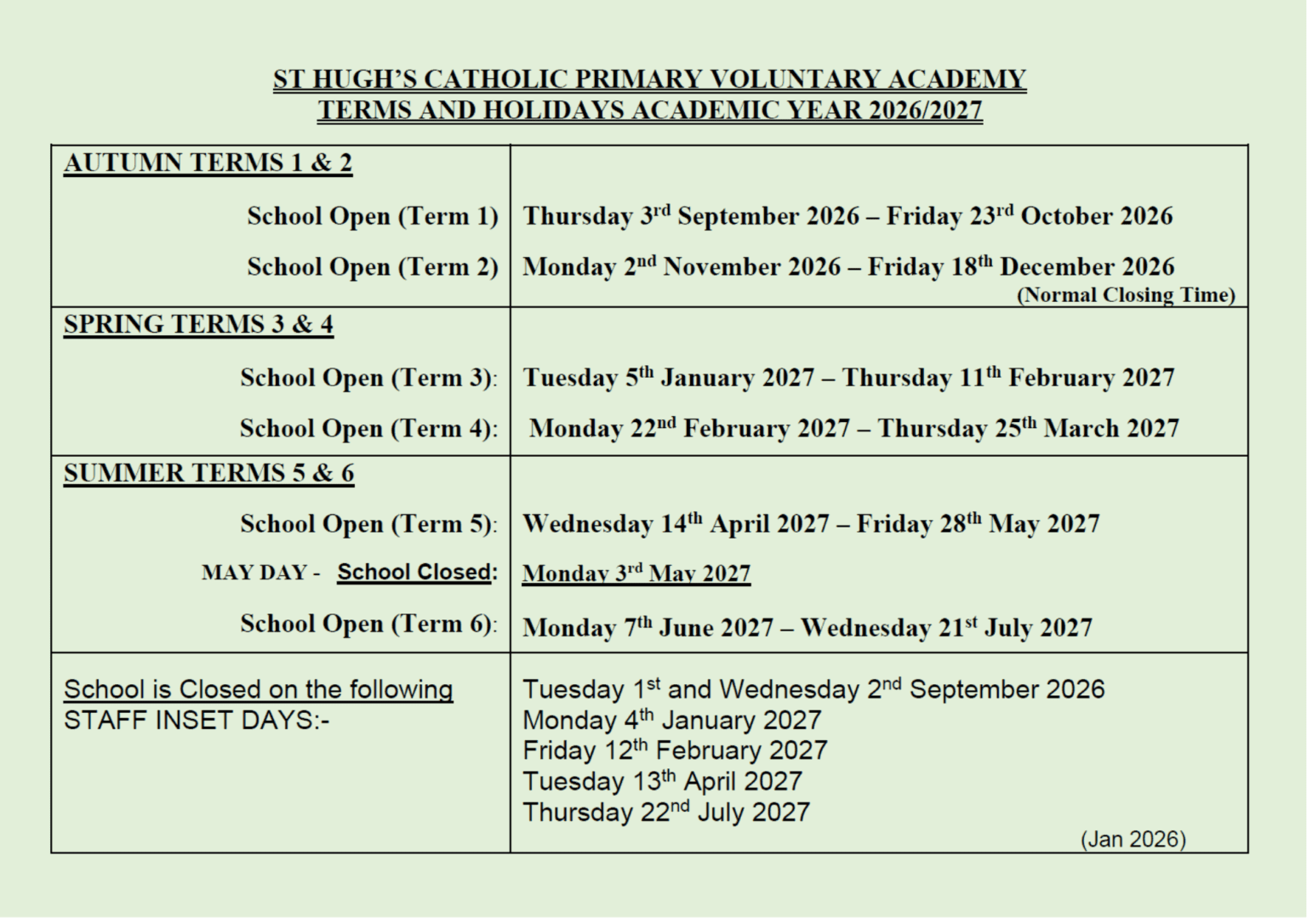 Term and School Diary Dates - St Hugh's Catholic Voluntary Academy ...